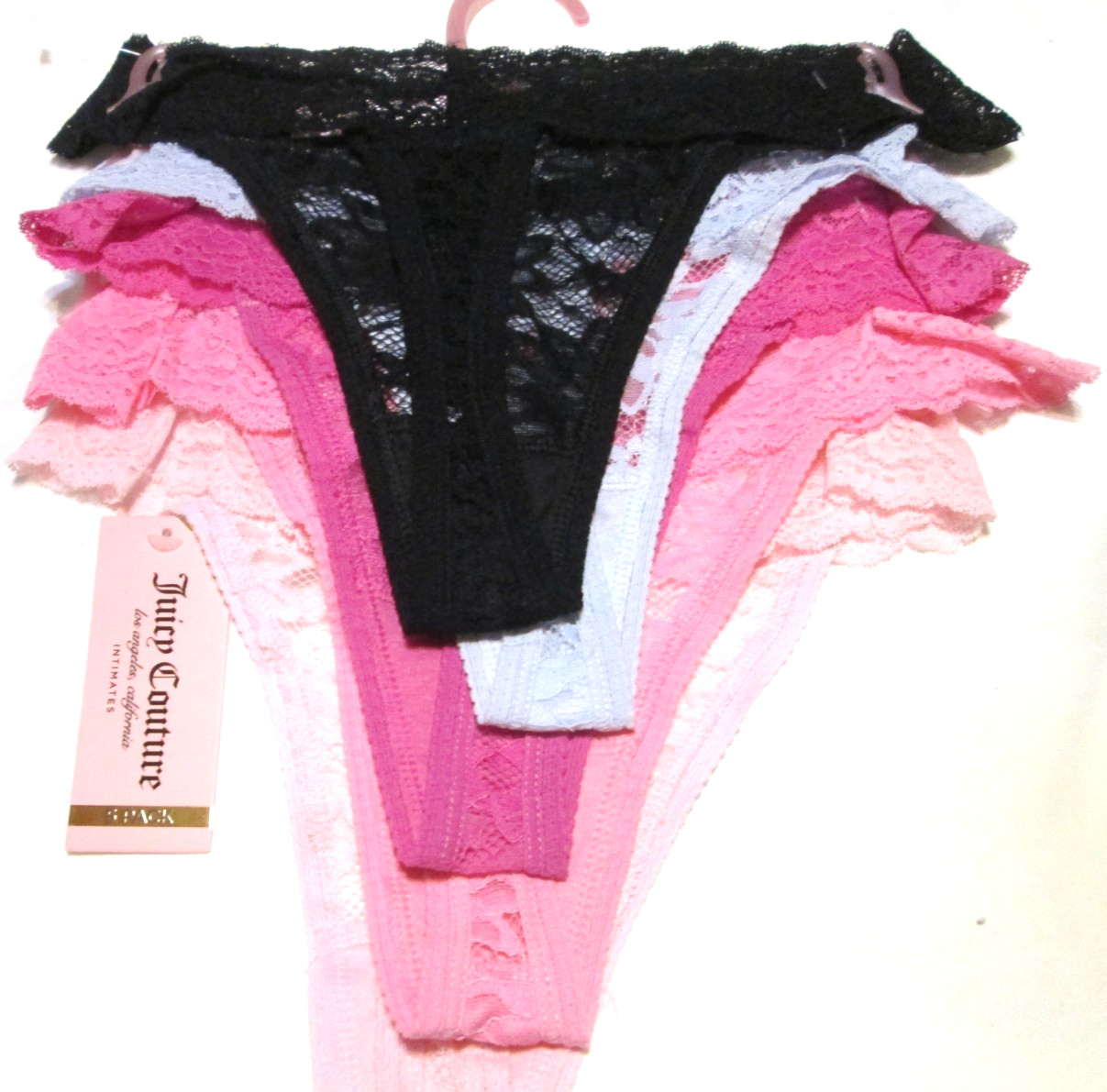 JUICY COUTURE Women’s SZ L- 5Pk Lace Logo Thong Panties Black /BLUE & pinks-NWT