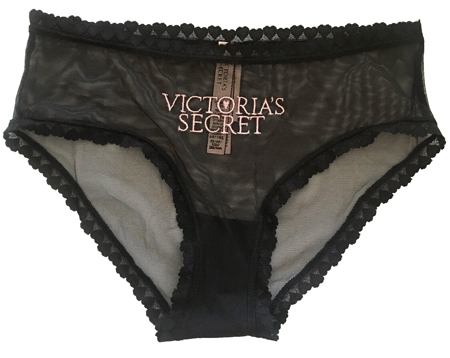 Victorias Secret Black Mesh Hipster Panties Size XS Logo Heart Lace Trim Sheer