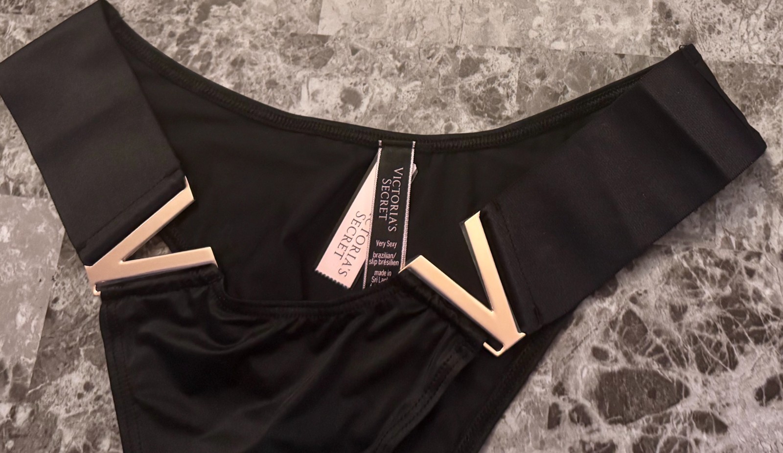 VICTORIA’S SECRET SATIN SMOOTH BLACK ROSE GOLD V LOGO BRAZILIAN CHEEKY PANTIES