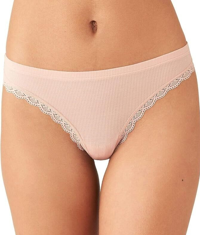 B.tempt’d Rib Thong Panty 2-Pack Innocence Lace Trim Rose Smoke Women’s S