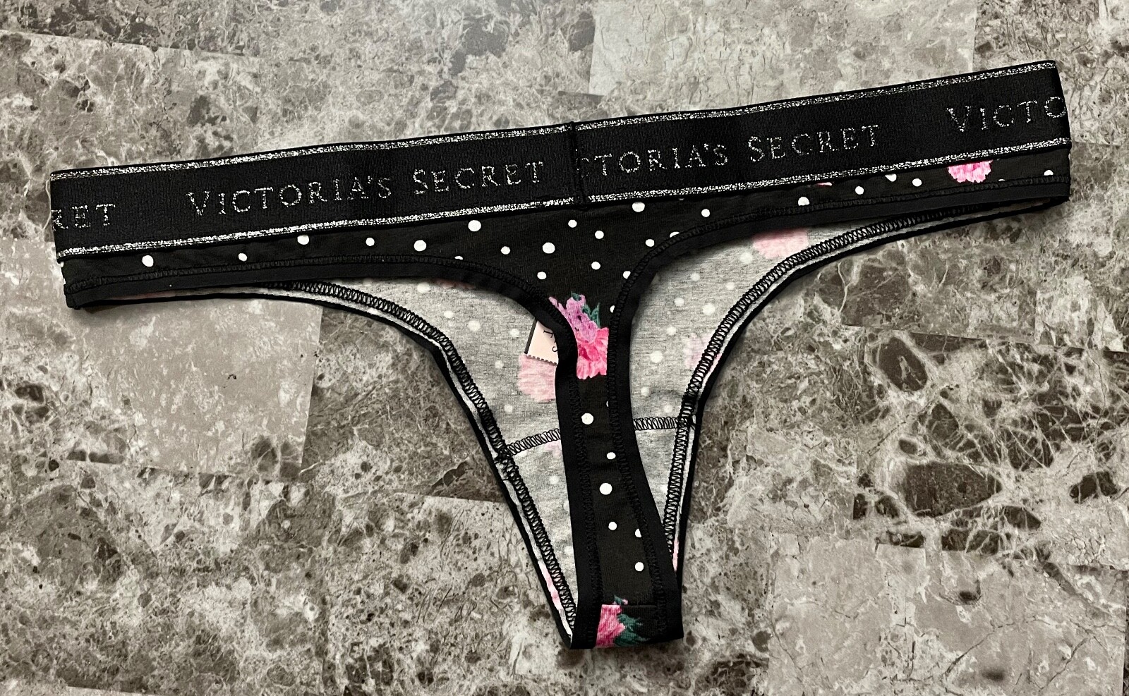 NWT VICTORIA’S SECRET PINK FLORAL POLKA DOT LOGO THICK WAISTBAND THONG PANTIES