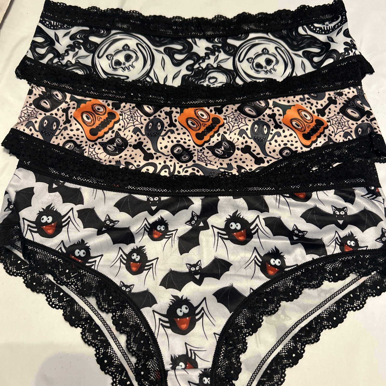 Morvia 3pk lace trim goth Emo Punk panties L skull Pumpkin Bats Spider Lingerie