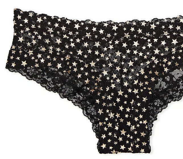 M NOIR Dk Black Gold Foil Star ALL LACE THE LACIE Victorias Secret CHEEKY Panty