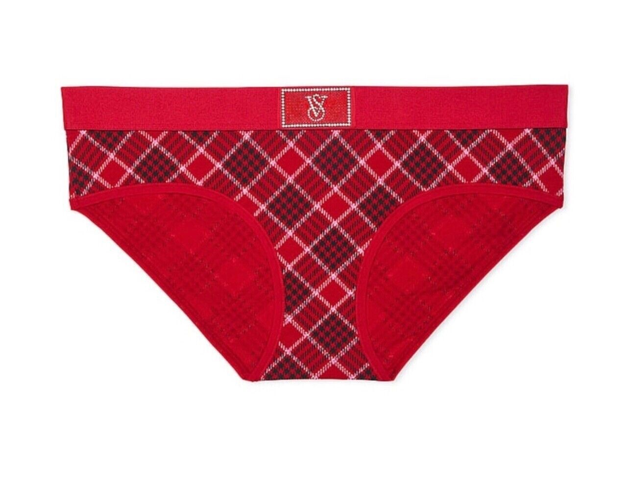 Victoria’s Secret Logo Cotton Shine Patch Hiphugger Panty Color Plaid Red NWT