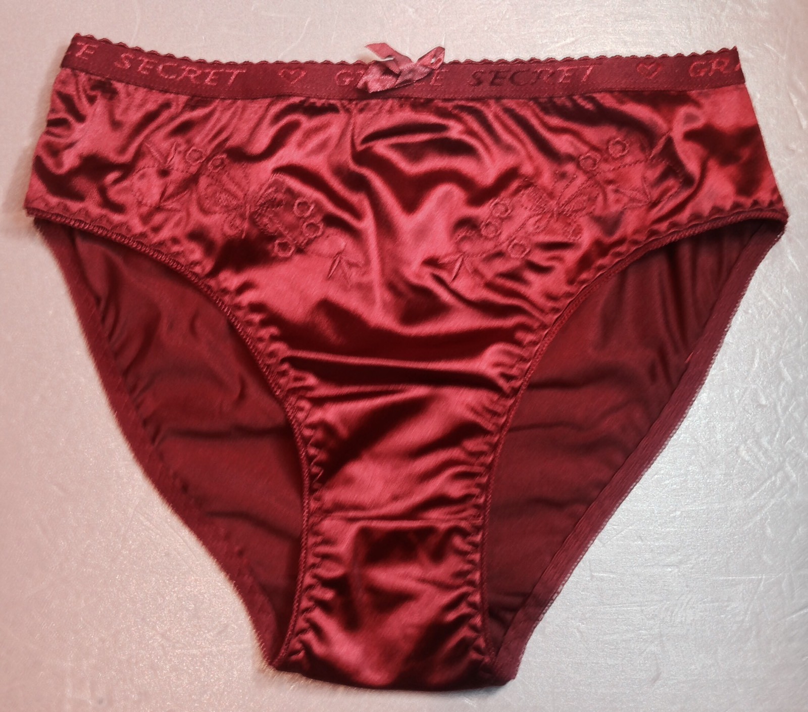 Women Panties Bikinis GRACE Size Large Burgundy Nylon Satin W/Decoration Elastic