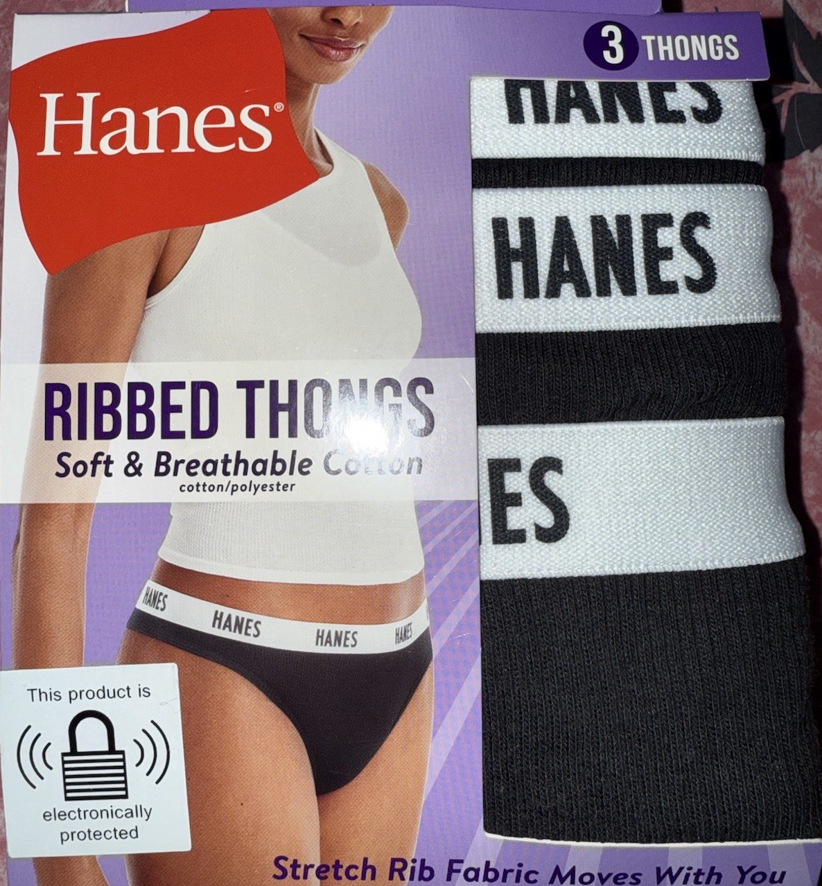 Hanes ~ 3-Pair Womens Thong Underwear Cotton Blend Black Ribbed ~ XL/8