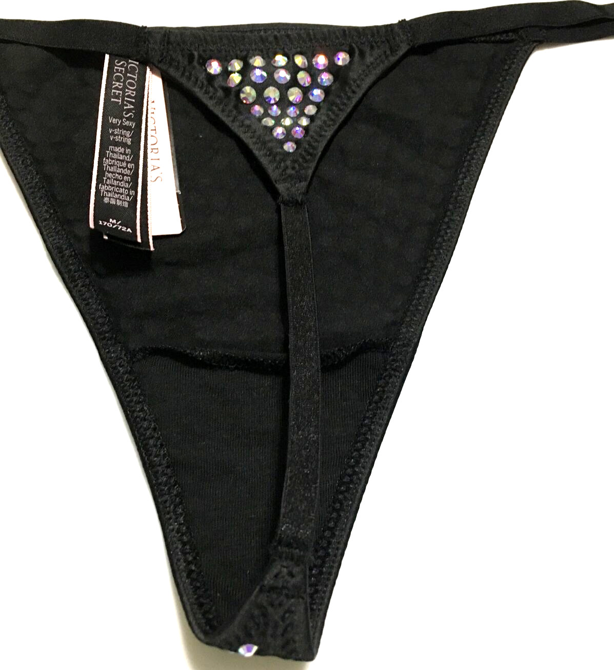 Victorias Secret Very Sexy Black Rhinestones V-String Thong Panty Size M Sparkly