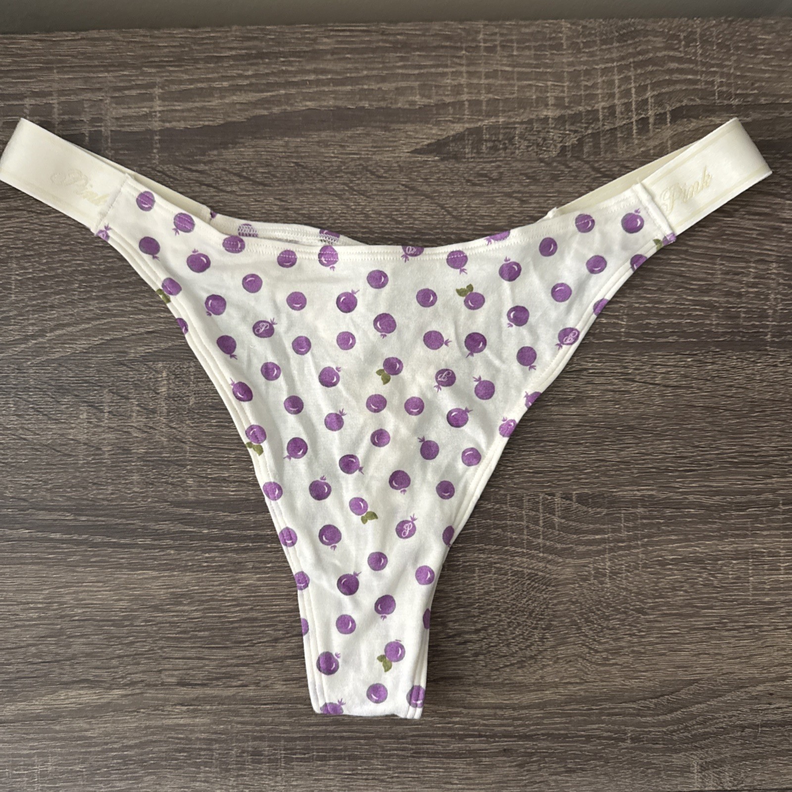 Pink By Victoria’s Secret Xl, White Plums, Cotton Logo, Thong Panty