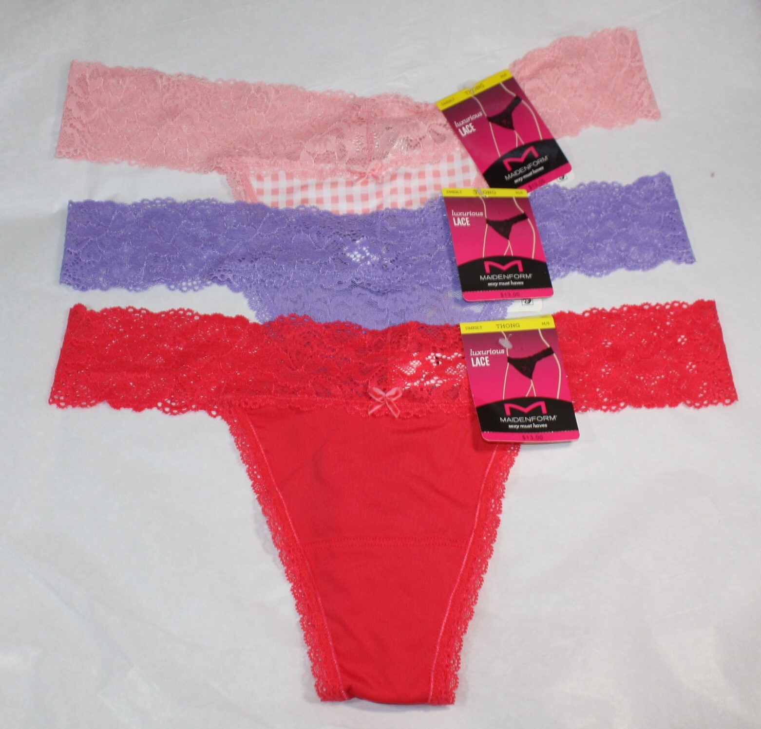 NWT set of 3 MAIDENFORM LACE THONG dmeslt DK CORAL LILAC PINK GINGHAM M/6