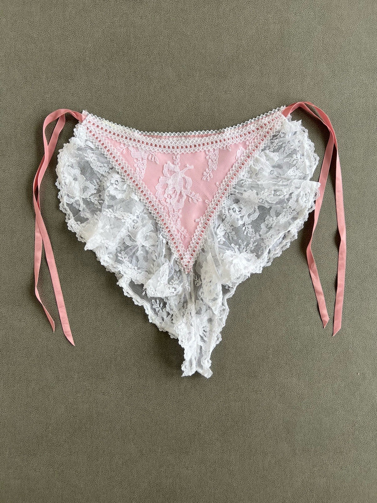 Vintage Sheer Lace Tie Panties Pink Satin Lace Bows Ribbons Large Made in USA