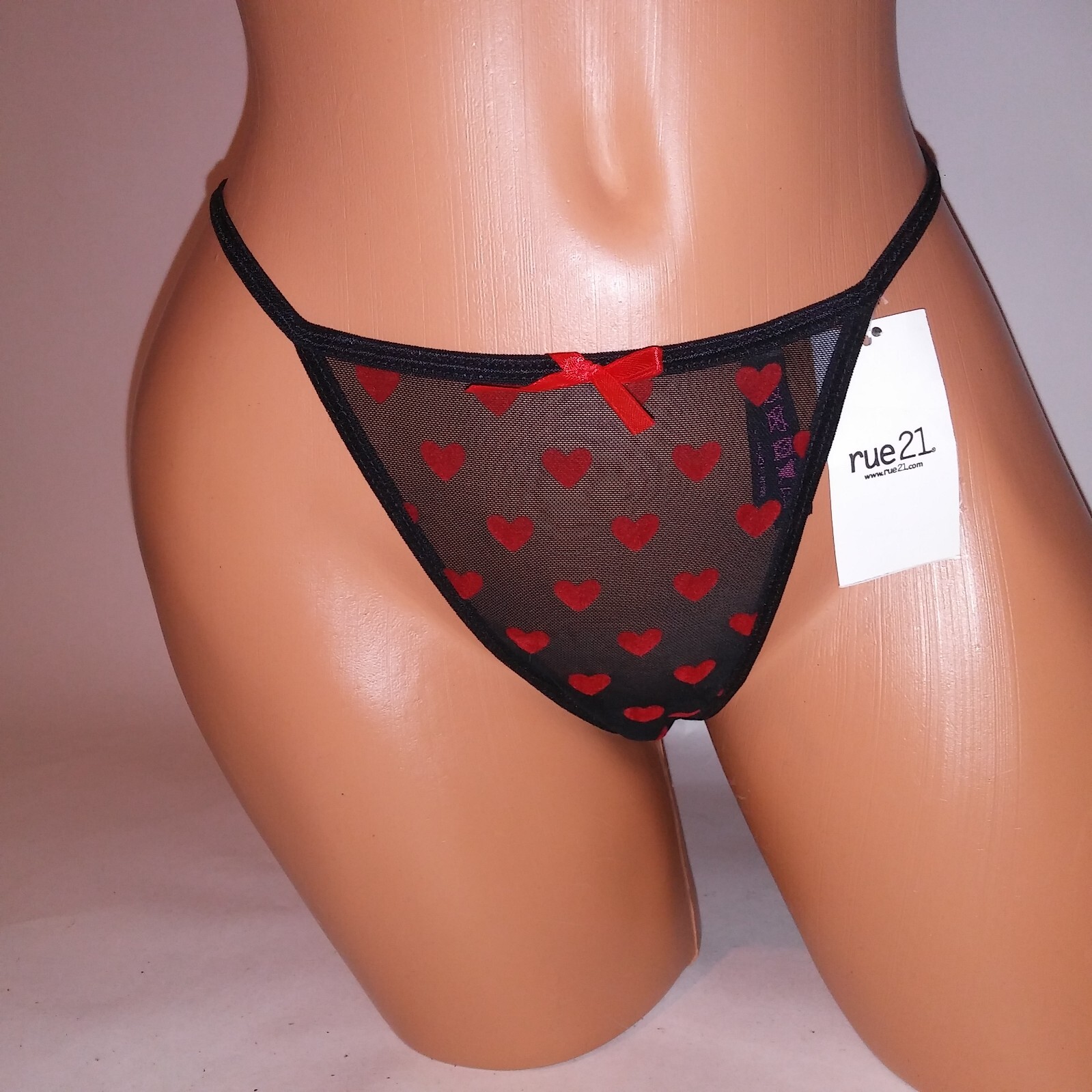 Rue21 Panty Thong Black Red Hearts Love Sheer V String New