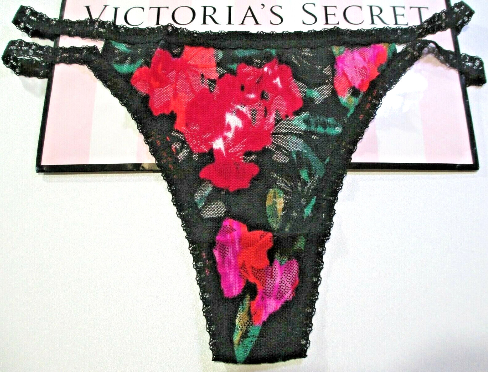 VICTORIA’S SECRET PINK Strappy Lace Thong Panty VS Black Red Floral S L XL NWT