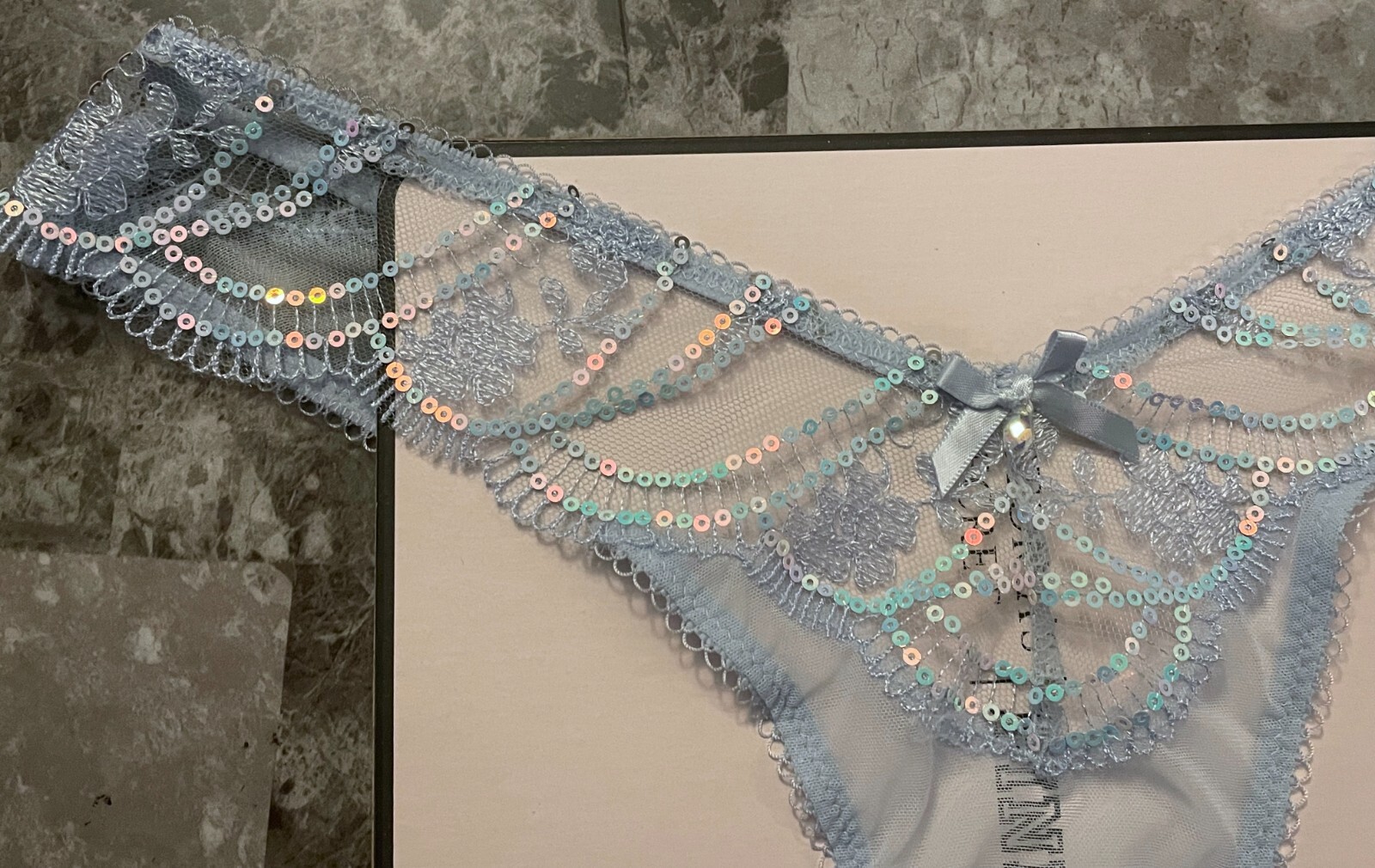 NWT VICTORIA’S SECRET BLUE MESH IRIDESCENT SEQUIN PICOT BRAZILIAN CHEEKY PANTIES
