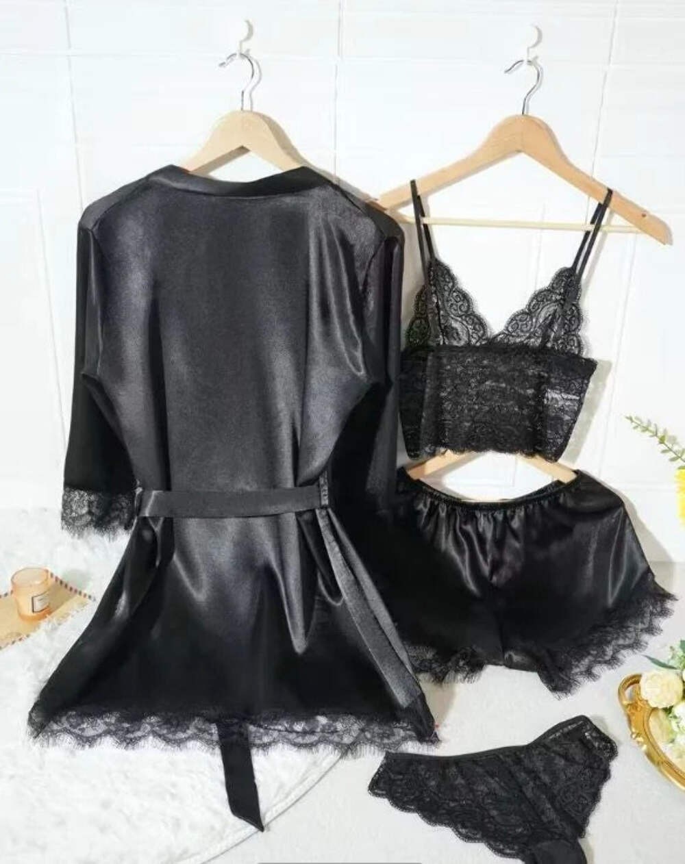 Silky feel black satin black lace trim 4 piece lingerie set size 12-14 (L)