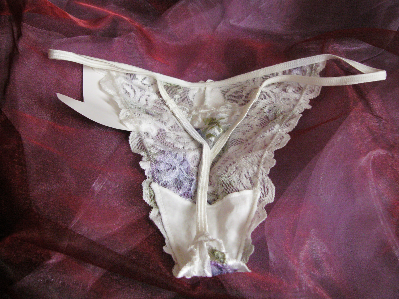 Short Stories purple floral pattern white ivory lace G-STRING knickers Size 10