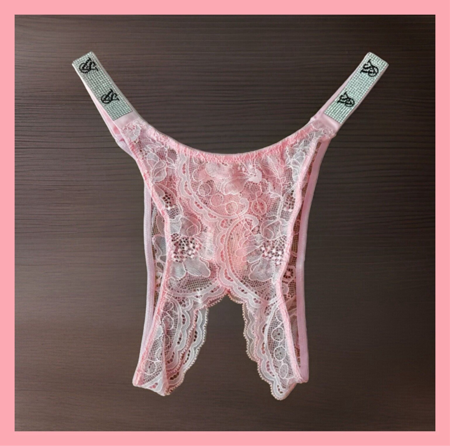 NEW Victoria’s Secret Shine Strap Crotchless Panty Rhinestone Petal Pink Lace XS