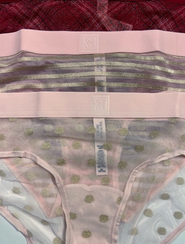 VICTORIA’S SECRET 5pk Sheer Gold Shimmer Dots, Stripes Plaid Hiphugger Panties M