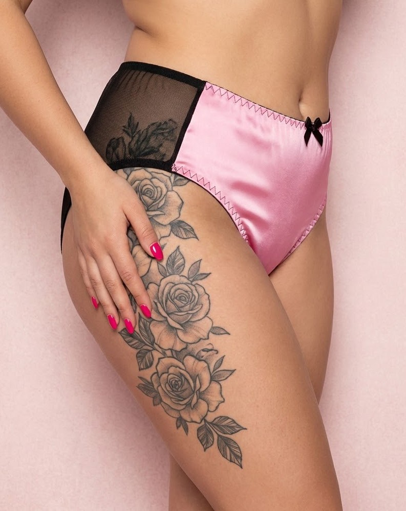 Pink and Black Panties in Satin & Mesh with Black Satin Bow