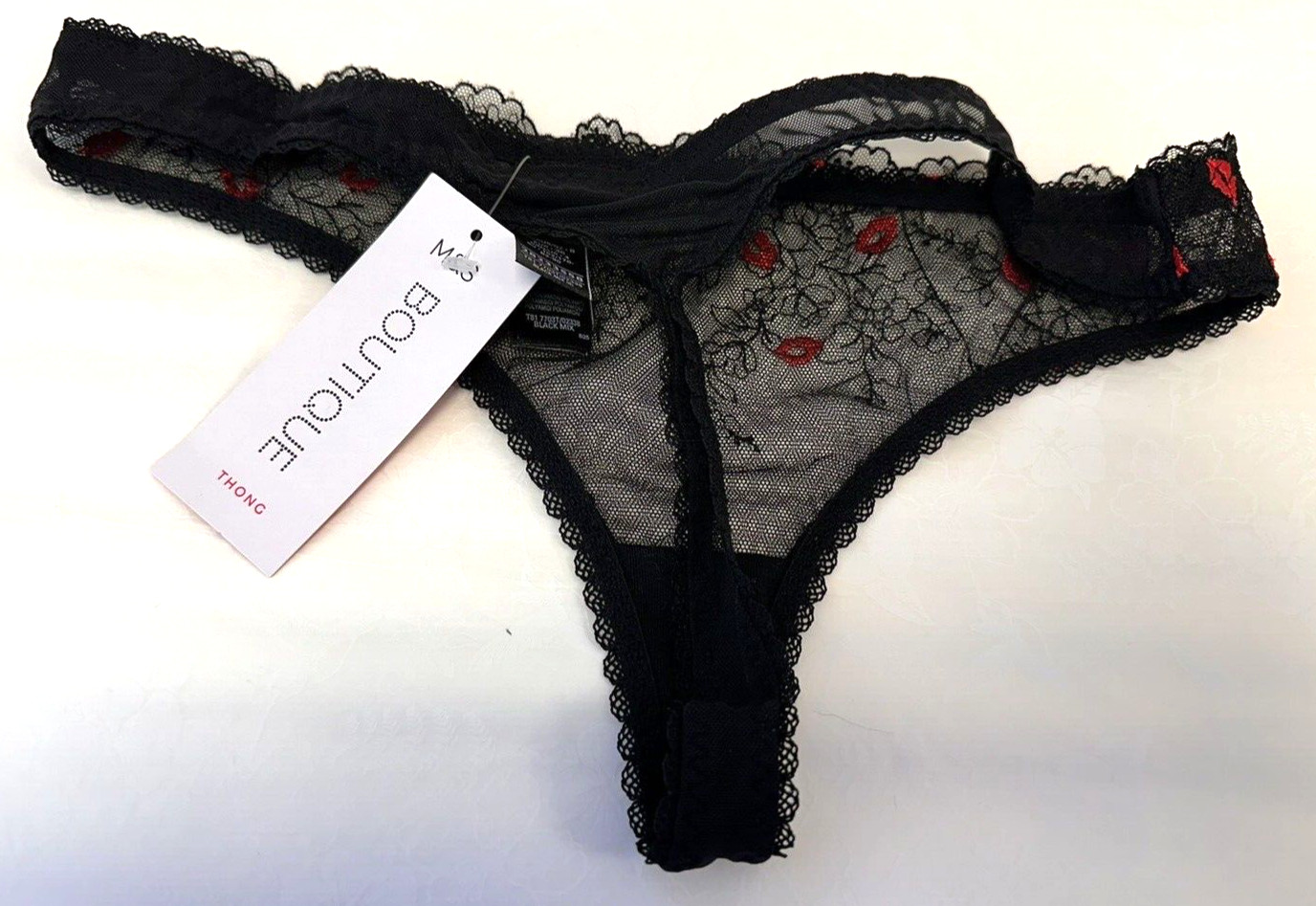 NEW! M&S Boutique Marks & Spencer black mesh thong with red lip embroidery