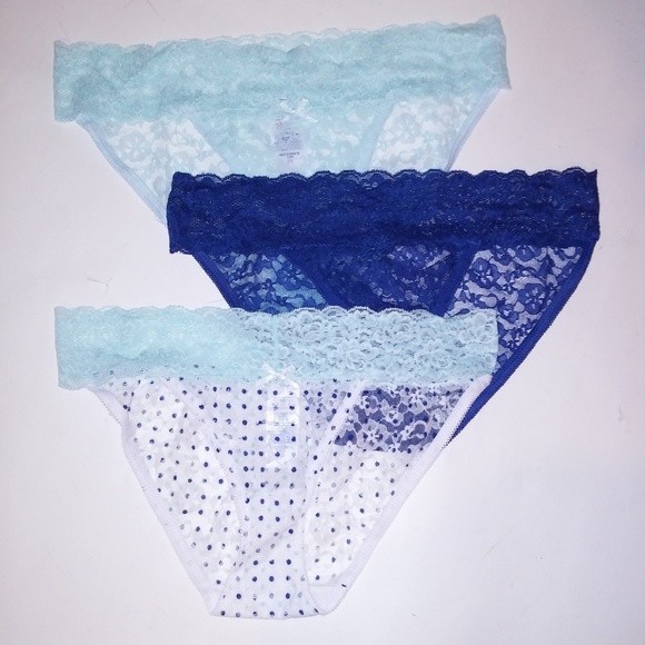 Set of 3 Simply Styled Panties Small Bikini Blue White Solid Polka Dots New
