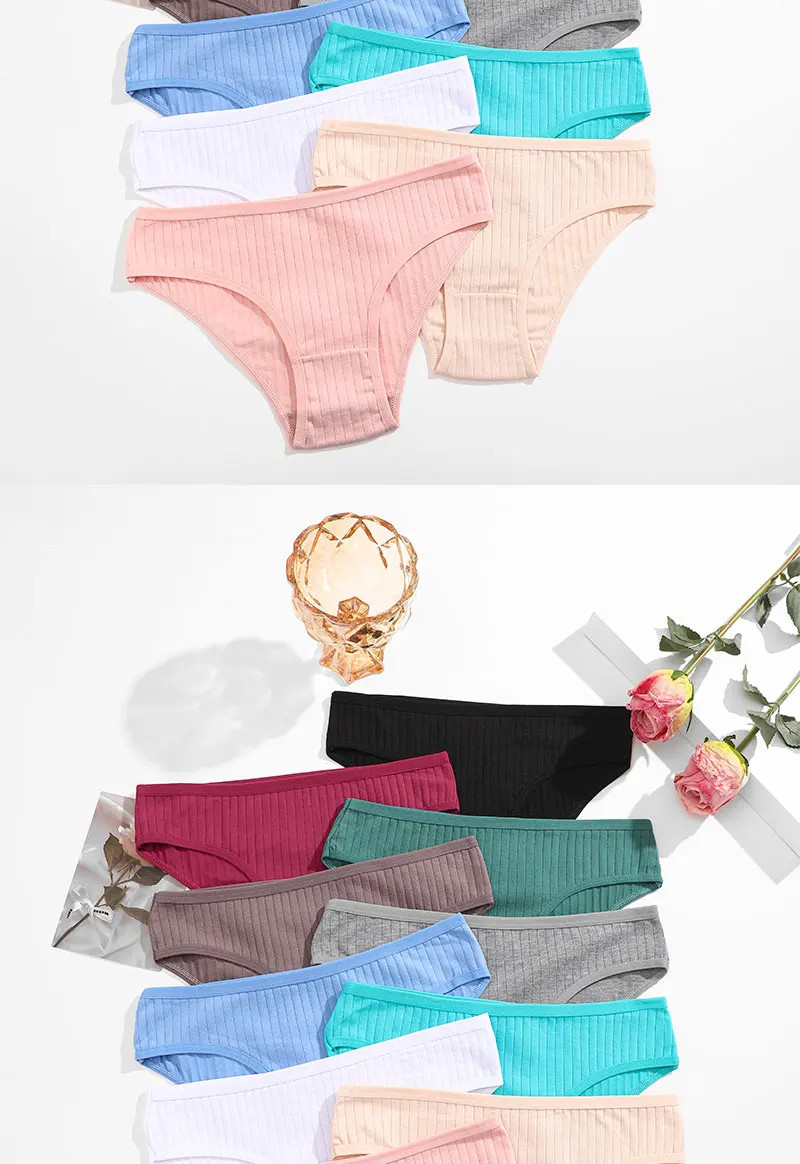 4PCS/SET Women’s Cotton Panties Sexy Soft Striped Underpants 12 Solid Color.
