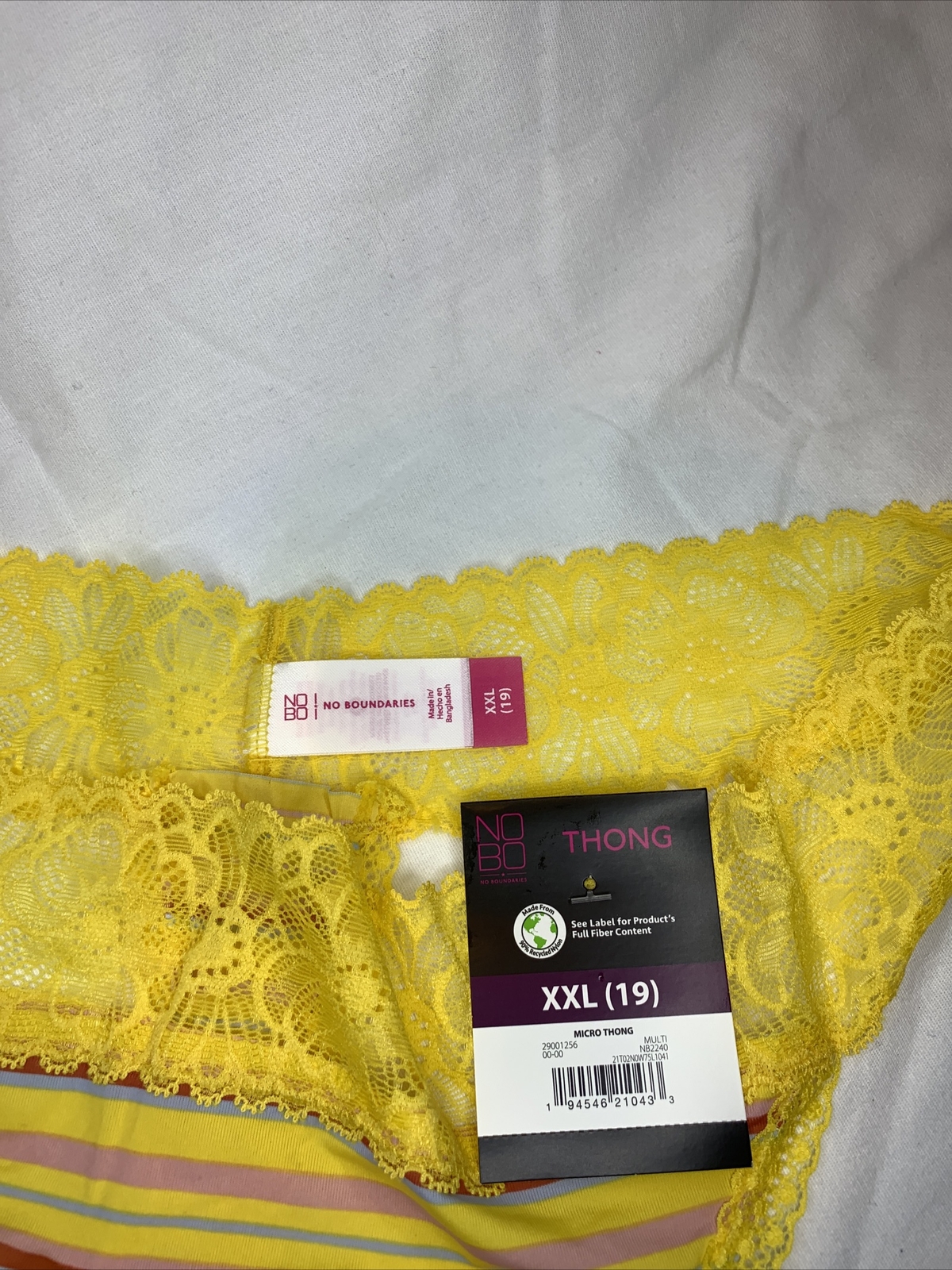 No Boundaries Microfiber & Lace Thong Panties Size XXL (19) Yellow With Stripes