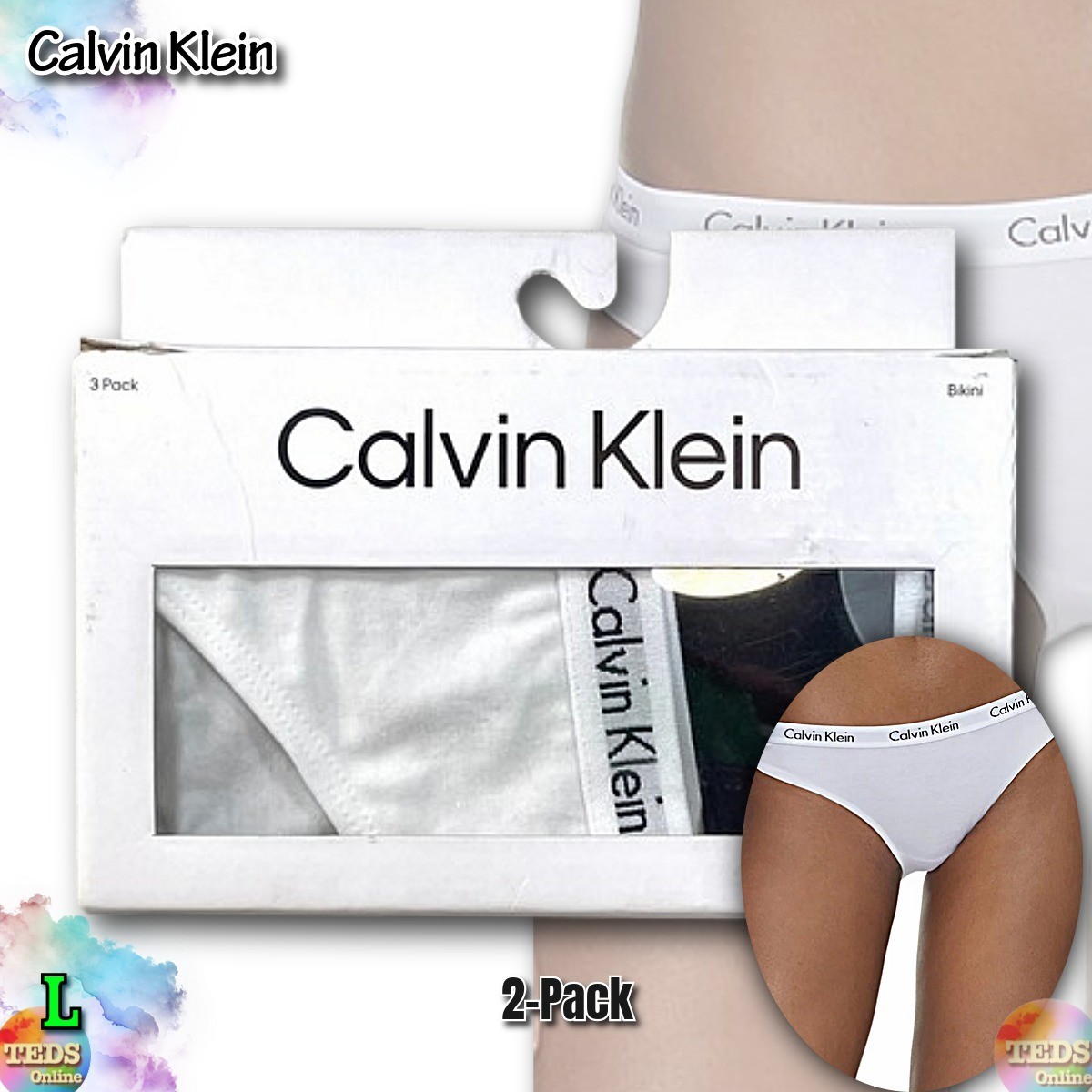 NWT 2-Pack Calvin Klein Women’s L Carousel Cotton Bikini Underwear QD3588 Multi