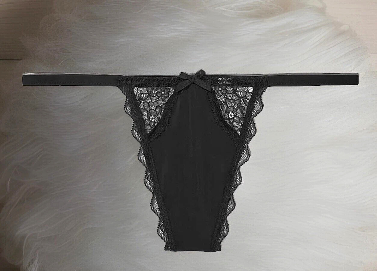 Victoria’s Secret Dream Angels – M Black Lace Satin V-String Panty Thong Medium