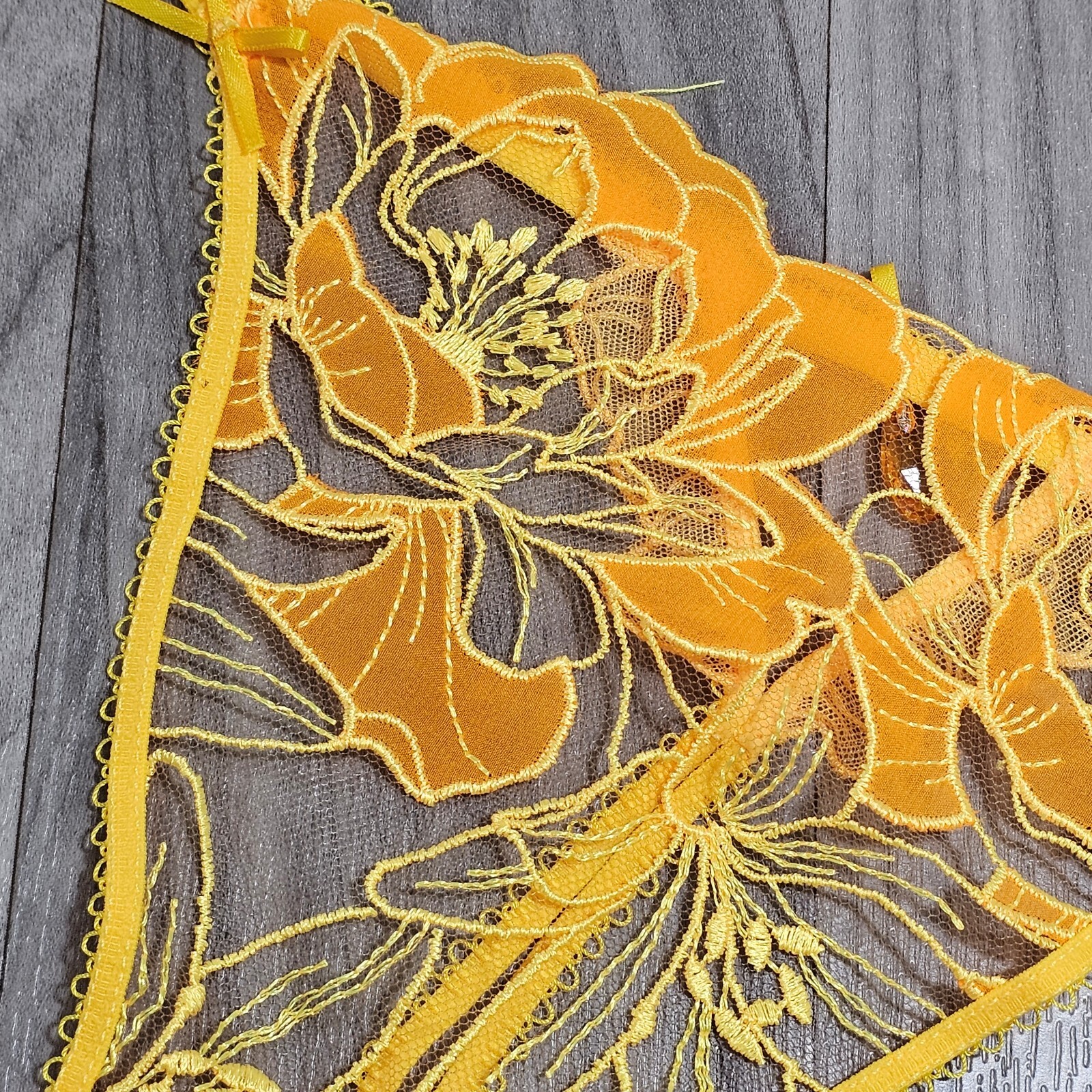 Honey Birdette Mia Buttercup Yellow Floral Embroidered Thong Panty Size XL