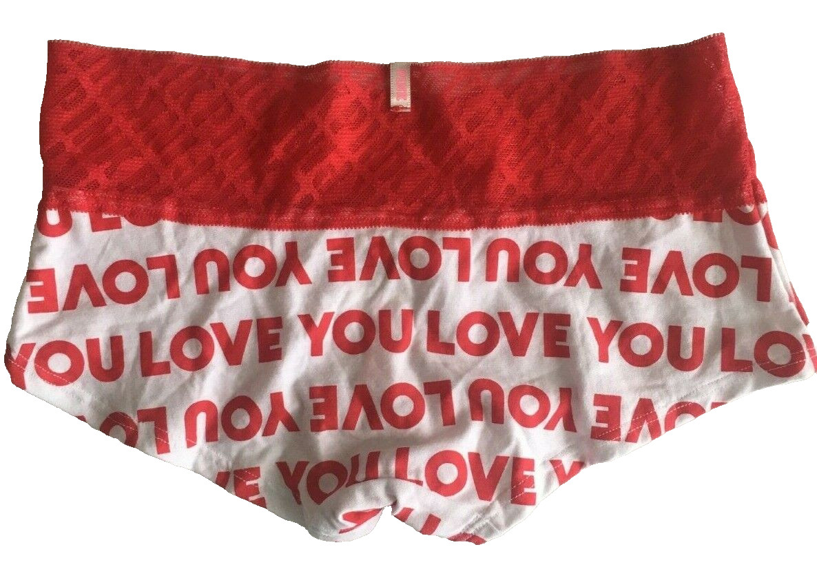 Victorias Secret Red White LOVE YOU Boyshort Style Panties Size XS Lace Waist