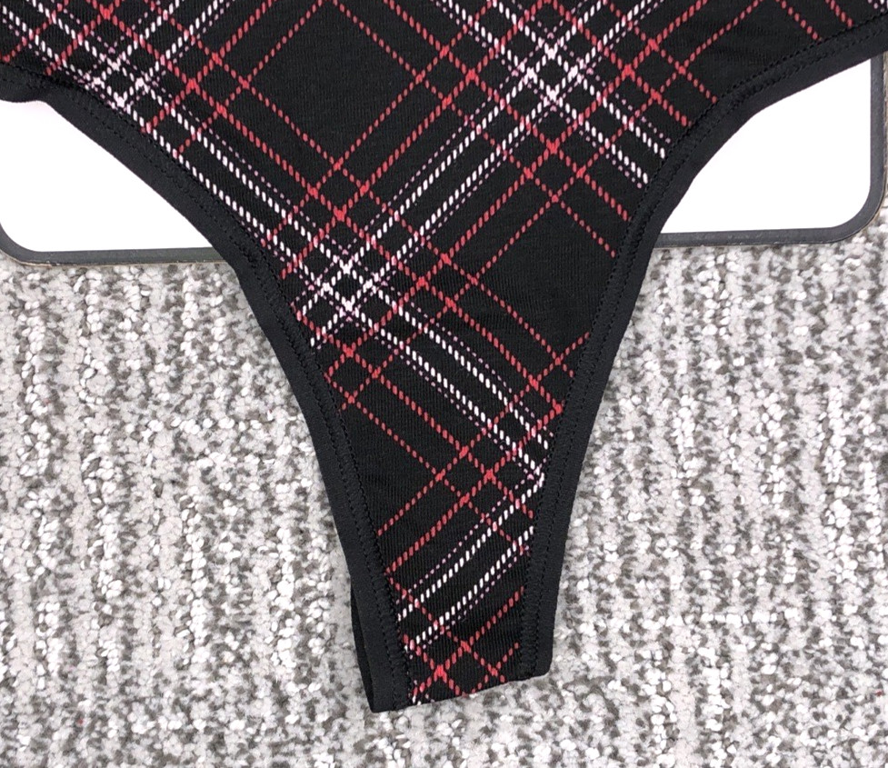 Victoria’s Secret NWT XL Black Plaid Shine Patch Thong Panty Logo Rhinestone