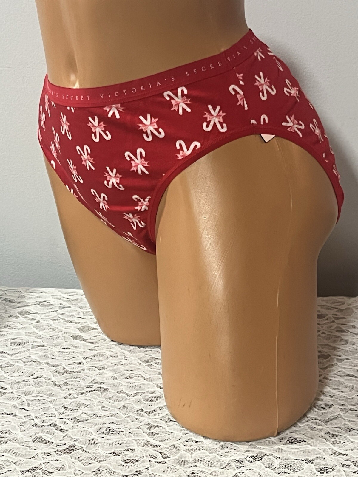 Victoria’s Secret Brief Red Candy Cane Panties Logo Waist Size Large