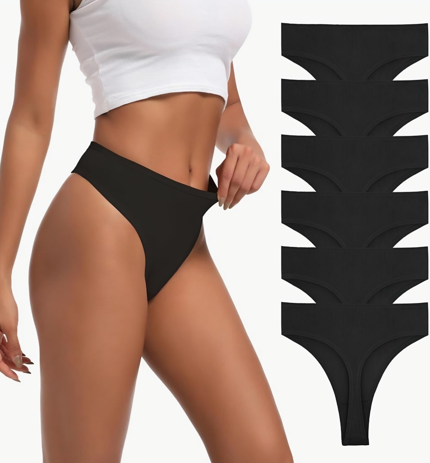 6pc Women’s High Waisted Ribbed Cotton Thongs Size 3X (35″-36″ waist)