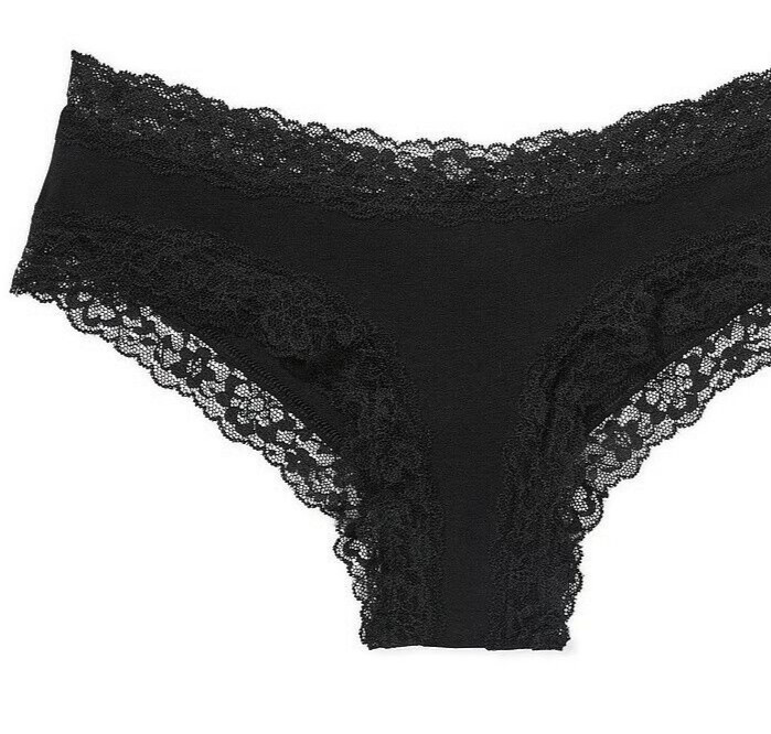 L NOIR BLACK Victoria’s Secret Stretch Cotton Lace-Waist & Leg Cheeky Pantie