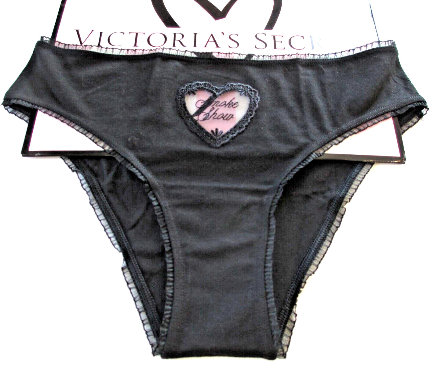 VICTORIA’S SECRET PINK Cotton Cheeky Panty XL Black NWT Mesh Heart VS Ruffle