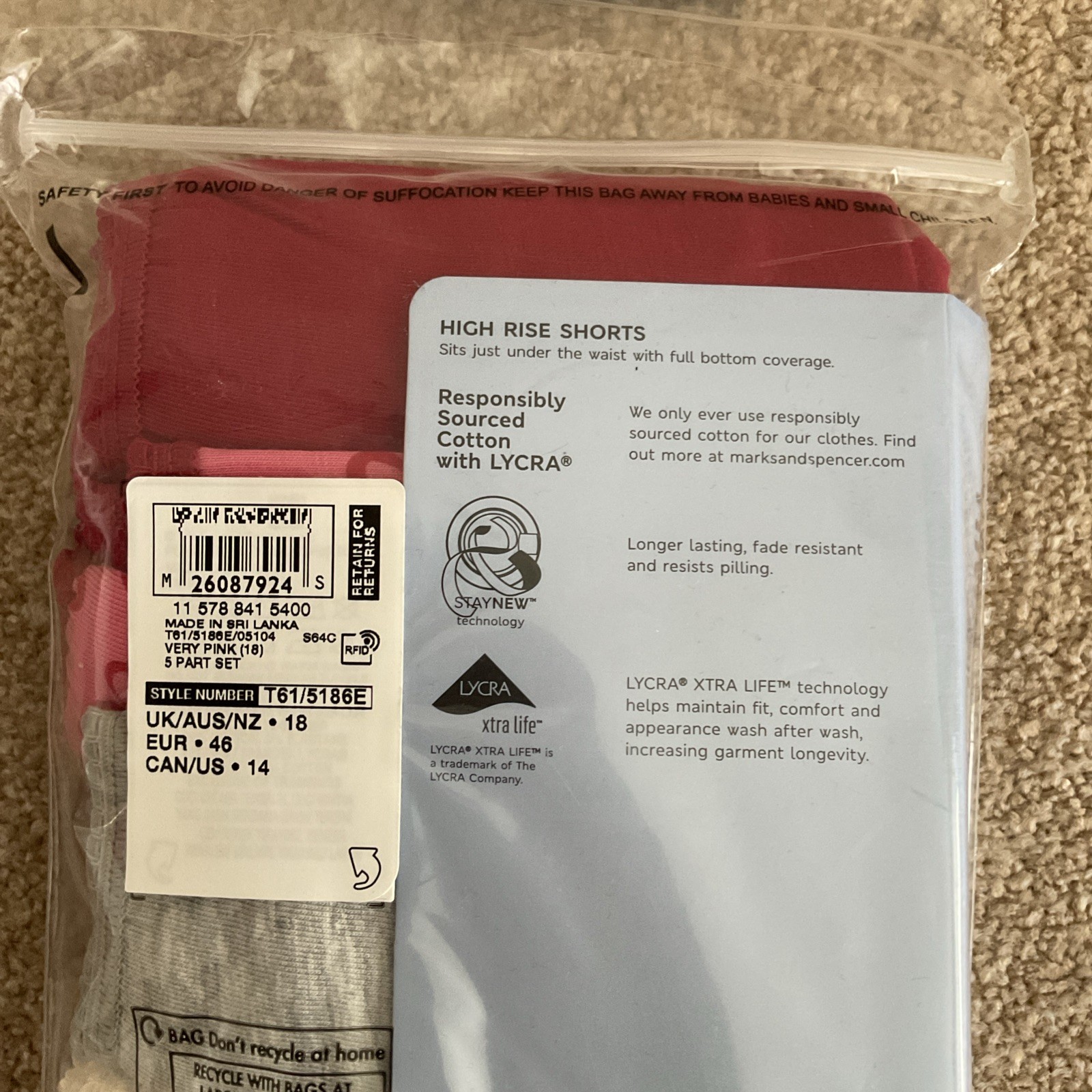 RRP £16 M&S 2 x 5 Pack Size 18 Cotton Lycra High Rise Shorts Knickers Very Pink