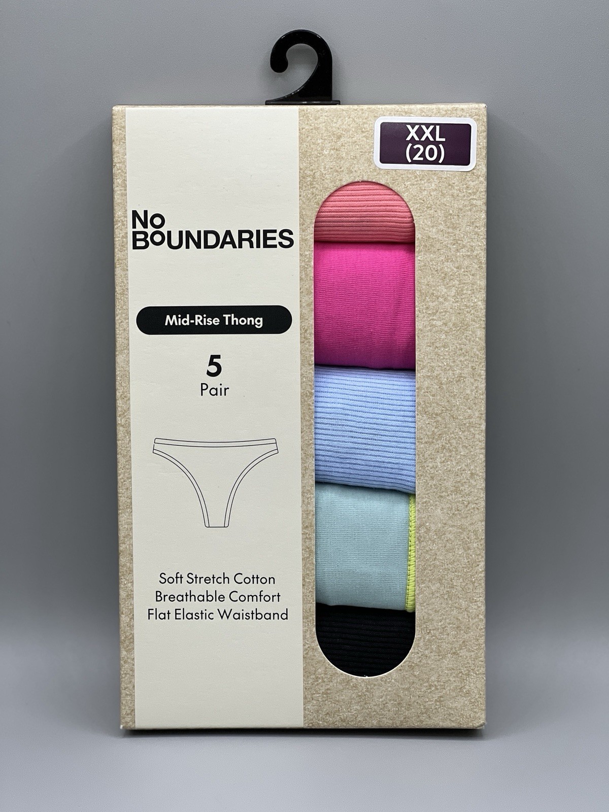 5-Pair NO BOUNDARIES Women’s XXL (20) Mid-Rise Thong Ribbed Stretch Cotton