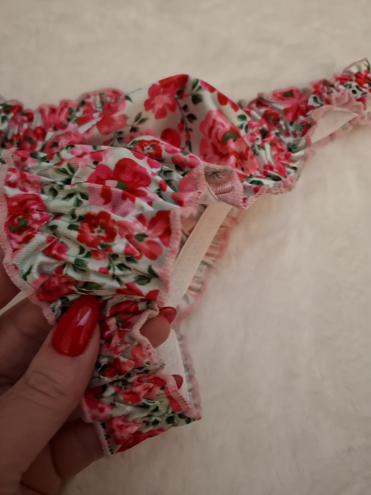 Sexy Gloss Shine Vintage Floral Frilly Trim Thong Panties Sissy Knickers M 10-12