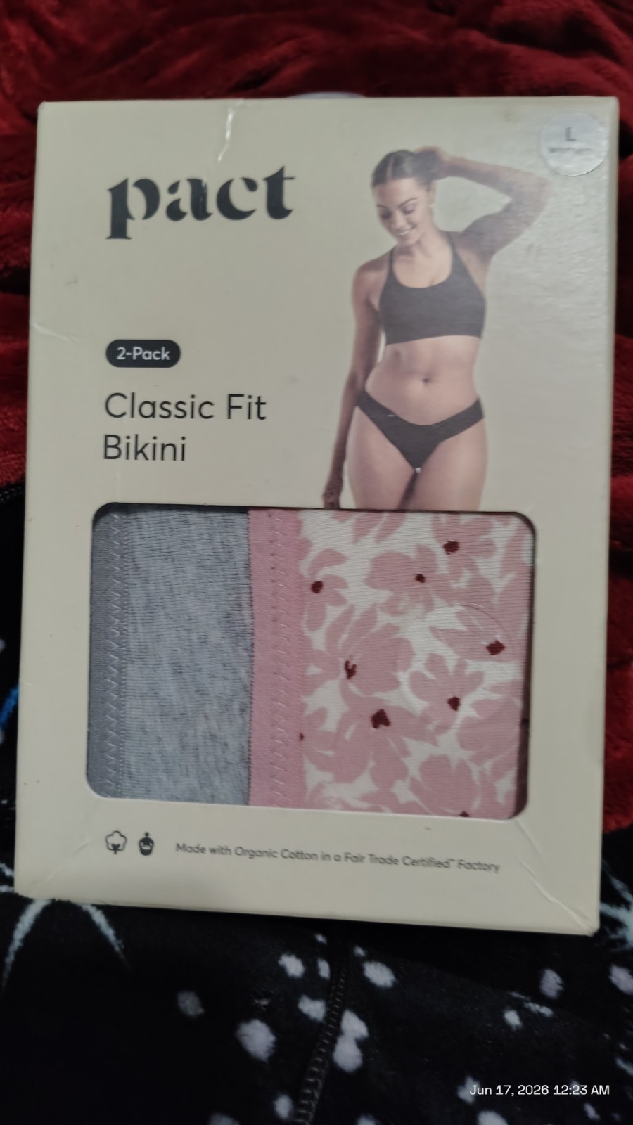 Pact Organic Cotton Classic Fit Bikini Underwear 2 Pack Heather Grey Pink Floral