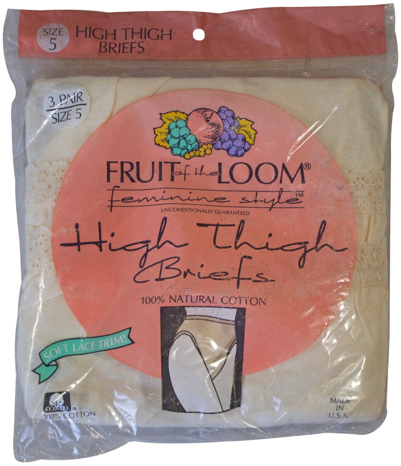 New VTG 90s FRUIT OF THE LOOM High Thigh Brief Granny Panties Sz 5 Beige 3 PAIR