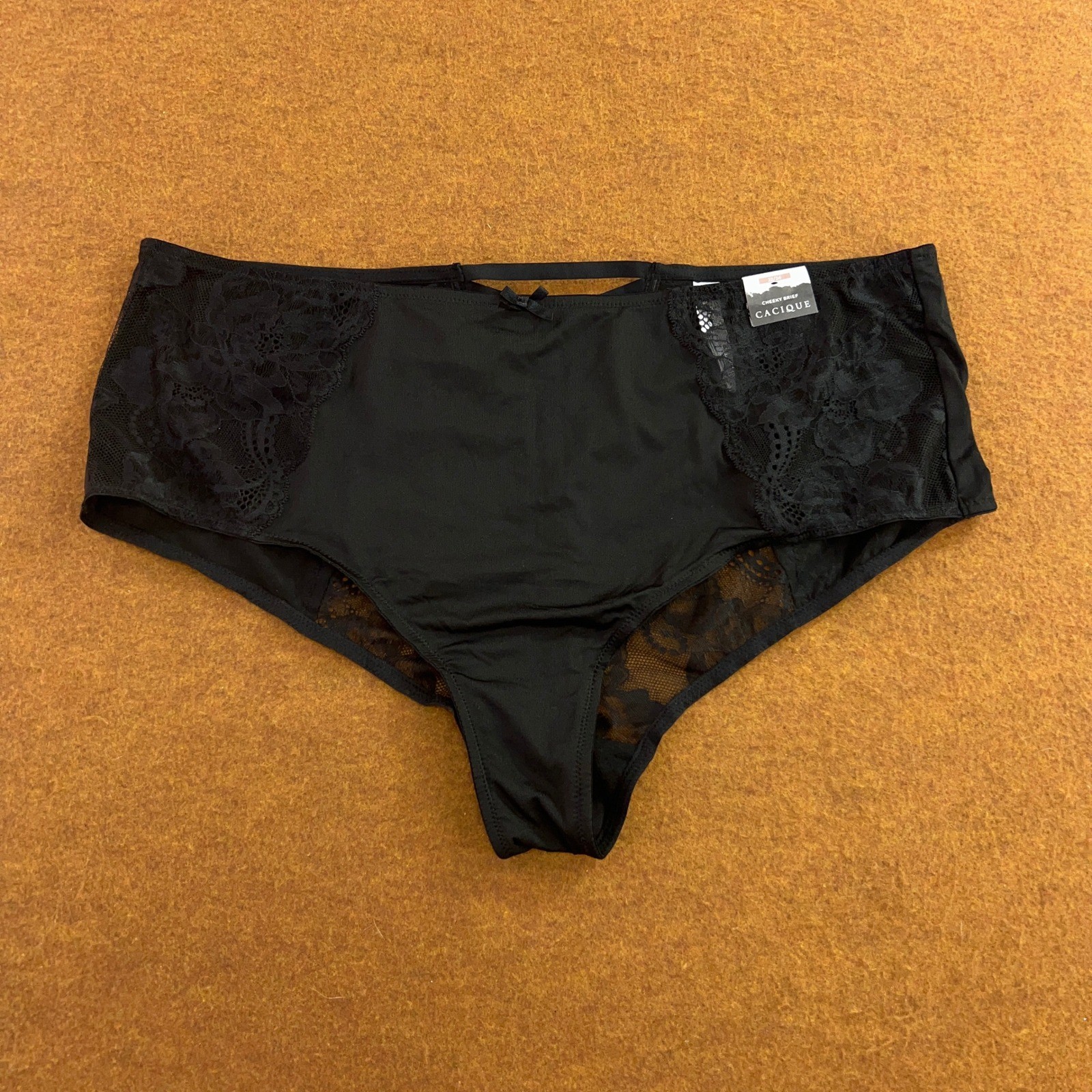 Cacique Womens Plus Size 22/24 Black Lace Lattice Back Cheeky Brief Panty NWT