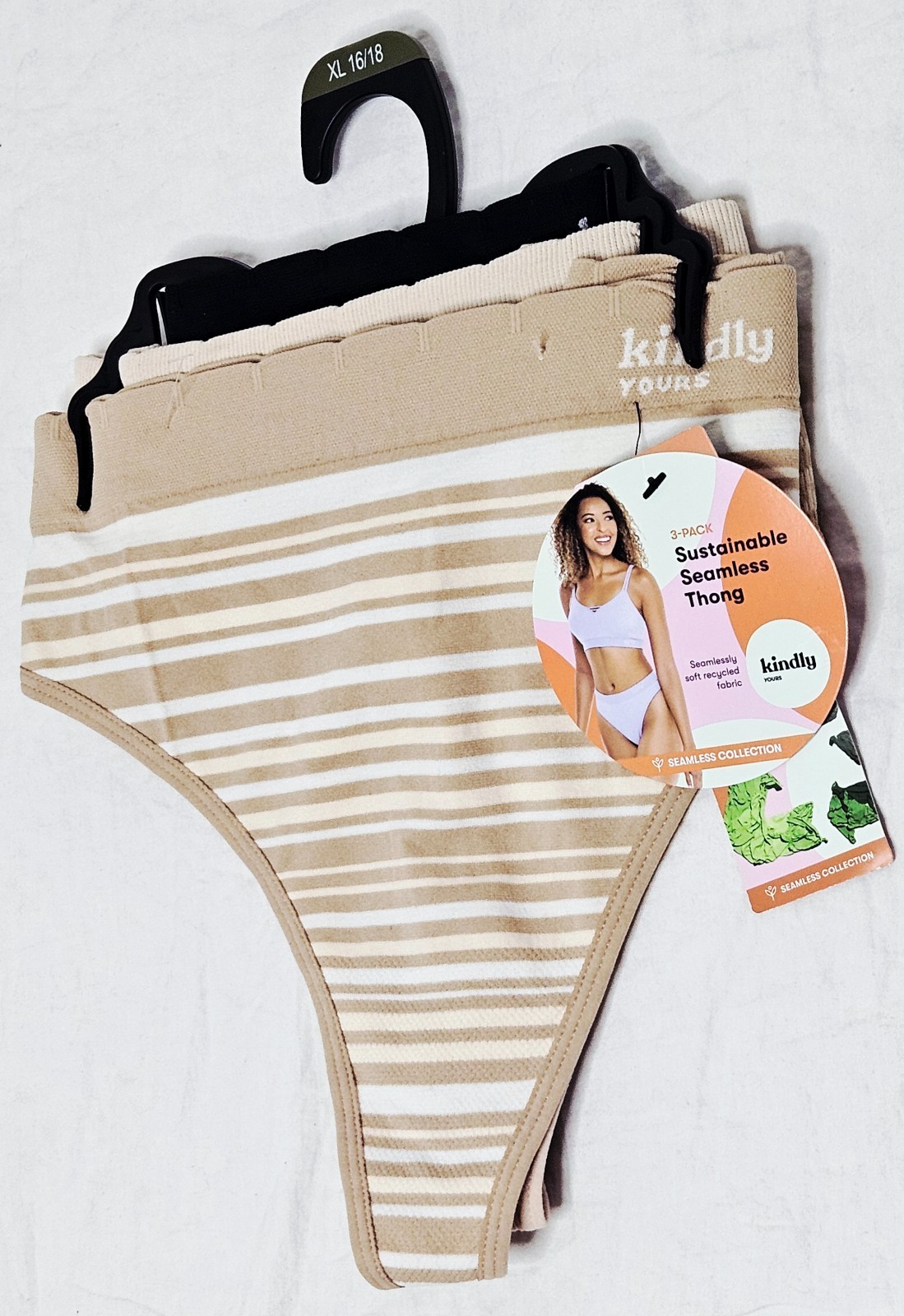 Kindly Yours Women’s Seamless Thong 3-Pack Tan Stripe Soft XL (16-18)
