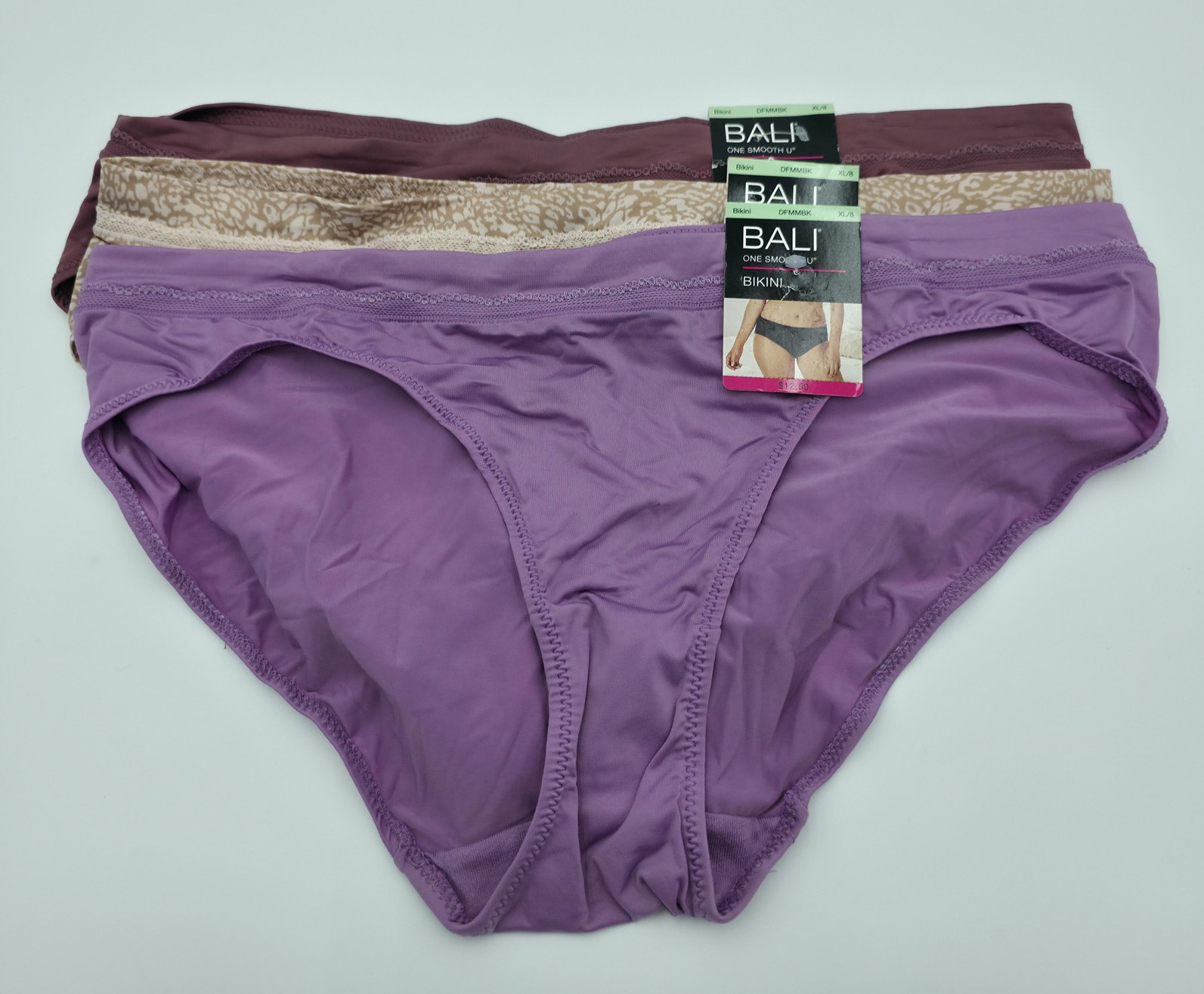 Bali Bikini Panties Womens XL/8 Purple Mauve Beige One Smooth U 3 Pack DFMMBK