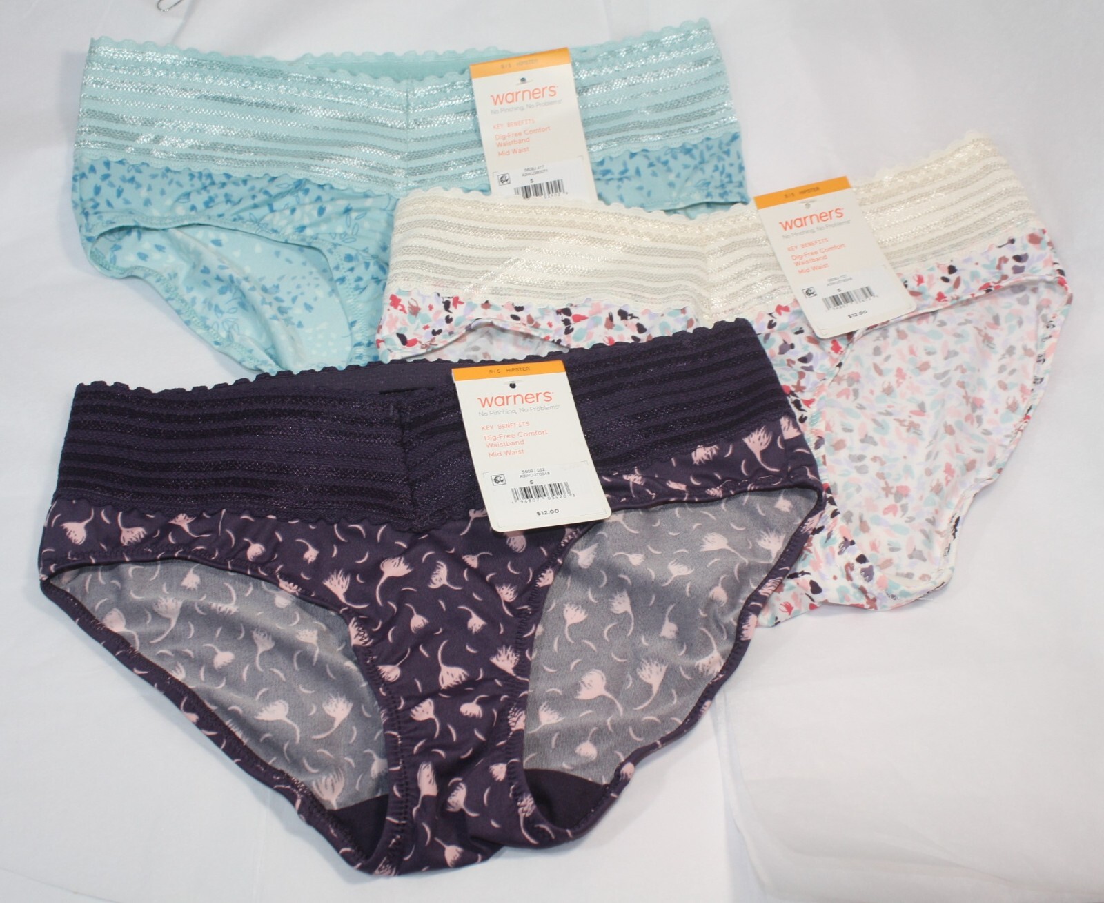 New set of 3 WARNER’S no muffin top HIPSTER panties PURPLE FLORAL GREEN IVORY