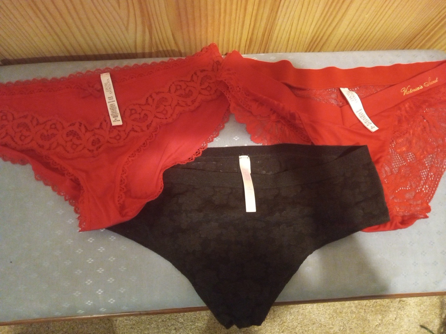 Victoria’s Secret &Pink, 2 Red Panties (Medium) 1 Black Panty (Large) Lace Trim
