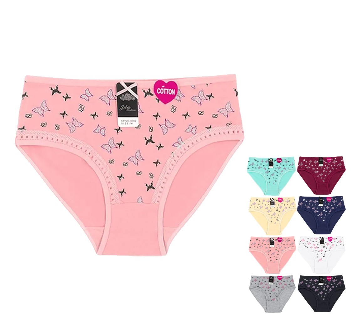 12 Pack OF Women’s Peach Butterfly Pattern Cotton Blend Elastic Waist Briefs