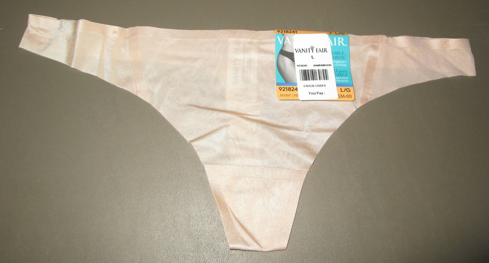 VANITY FAIR~L 7~9218241~Damask Neutral Nearly Invisible Thong Panty