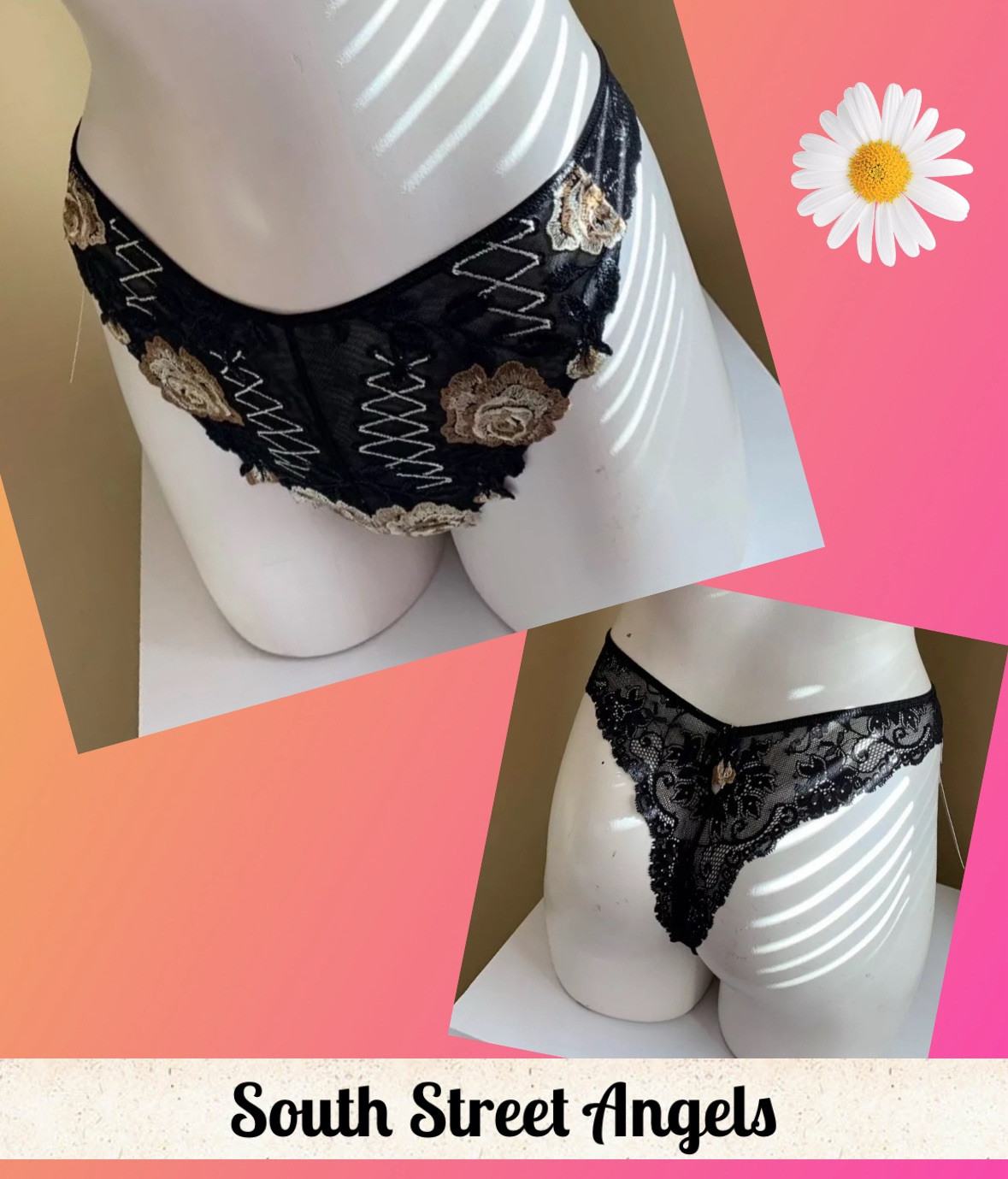MILLESIA M4689 ~ BLACK / GOLD ROSE FLORAL EMBROIDERED TANGA PANTIES ~ XS