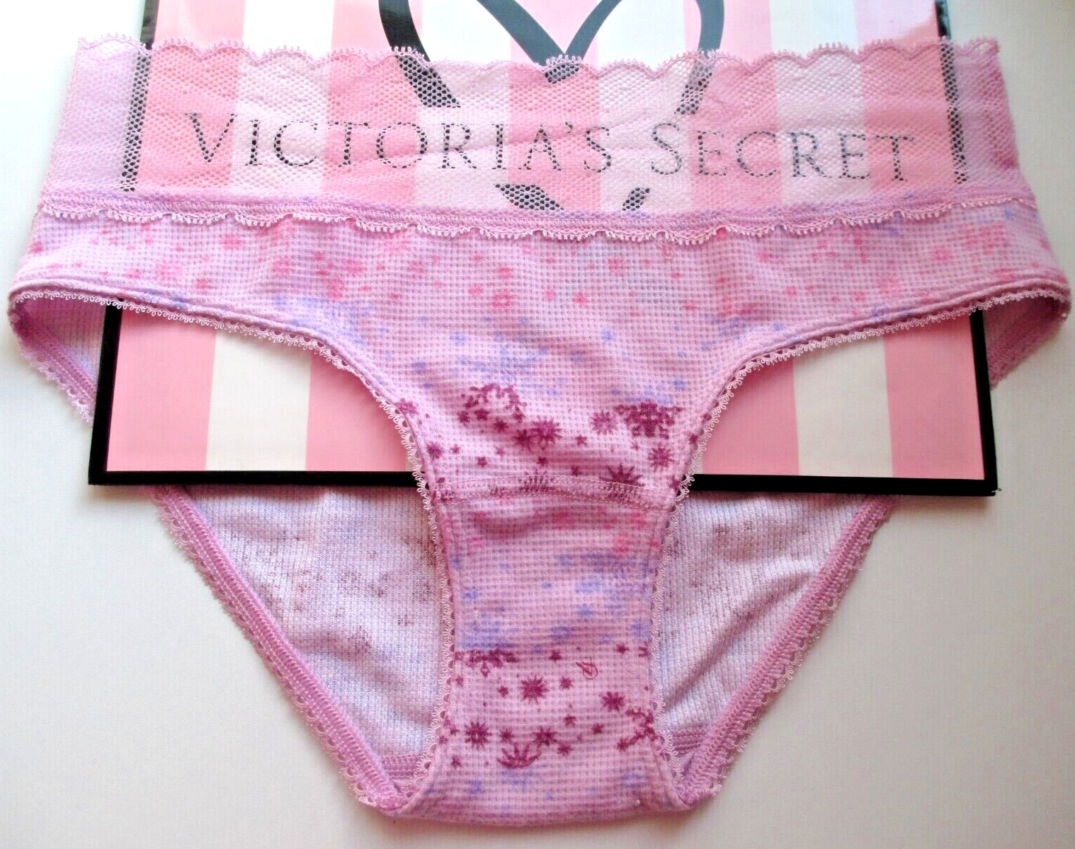 VICTORIA’S SECRET Waffle Thermal Hiphugger Panty VS Pink Snowflake Mesh M XL NWT