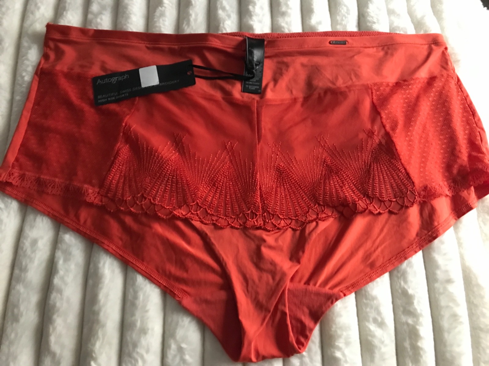M@S swiss embroidered lace front SHEER back brief new uk 26 plus orange NEW